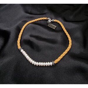Honora Freshwater Pearl Necklace With Braided Tan Leather & Silver Accents